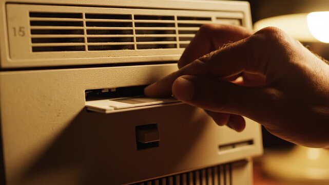 Hand inserting floppy disk into computer