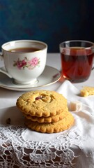 A still life of cookies and tea on a table