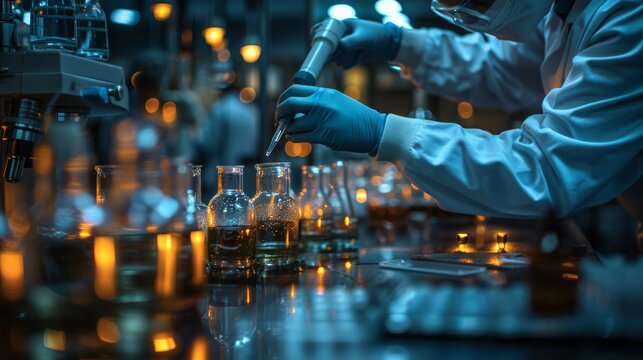 Scientist conducting experiments with auto pipette and eppendorf tubes to analyze research results