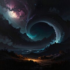 A swirling cosmic vortex above a dark, mystical landscape