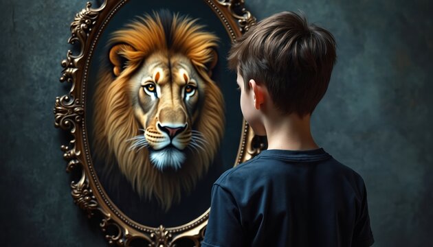 Boy sees majestic lion reflection in antique mirror. Symbolizes inner strength courage and self discovery in youth. Developing confidence and potential. Future aspirations visualized.