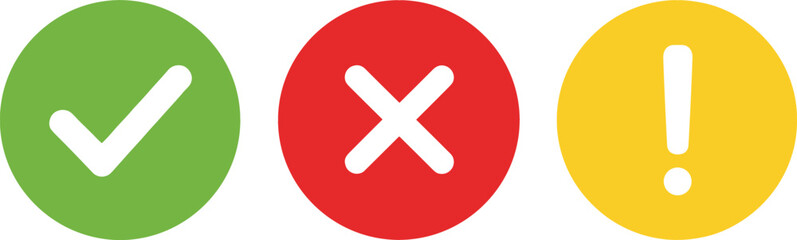 Check Mark, Cross, and Exclamation Icon Set in Green Red and Yellow Circles for Approval, Error, and Warning Design © MSTSULTANA