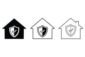 Obraz premium Three house icons with shield and checkmark symbols in black white and grayscale line art styles for security concepts