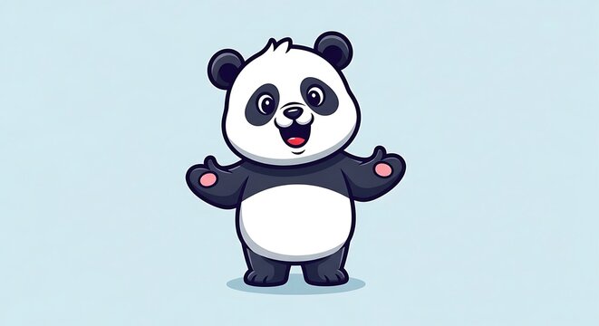 Happy cartoon panda bear standing alone.