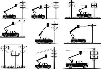 Vintage black and white locomotive train engine on railway tracks with power lines and trees in a stylized monochrome vector illustration for transport design © MdAnowarHossain