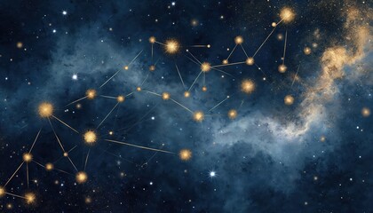 Fototapeta premium Golden lines connect glowing stars in dark blue galaxy background. Celestial map shows constellation patterns, zodiac signs and cosmic nebula clouds for astrology and astronomy.