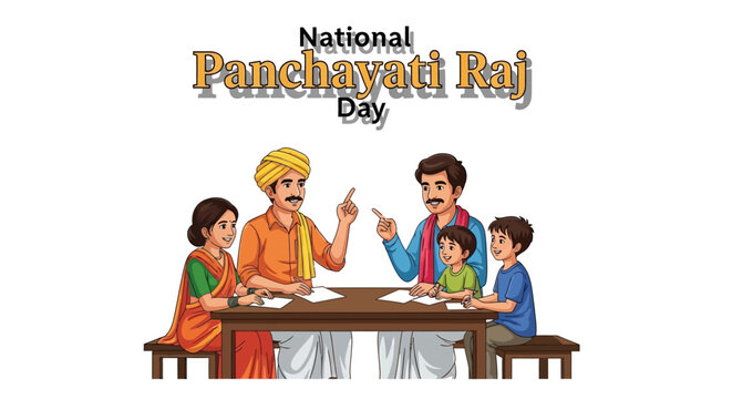 Illustration of a family meeting for Gram Panchayat discussion on National Panchayati Raj Day with a table and documents.