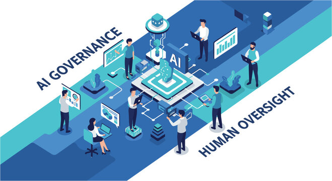 Illustrative depiction of professionals collaboratively managing artificial intelligence governance and human oversight within a complex technological framework.