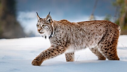 Majestic Lynx Walking Through The Snow In A Winter Wildlife Setting Surrounded By Serene Nature In Europe