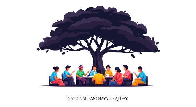 Illustration of diverse people sitting under a tree celebrating National Panchayati Raj Day with vibrant colors and grassroots democracy theme.