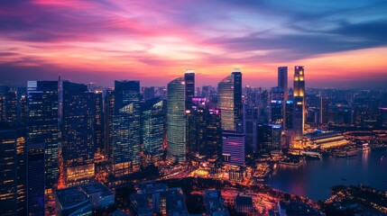 Fototapeta premium Vibrant cityscape of singapore skyline at dusk with colorful skyscrapers and water view