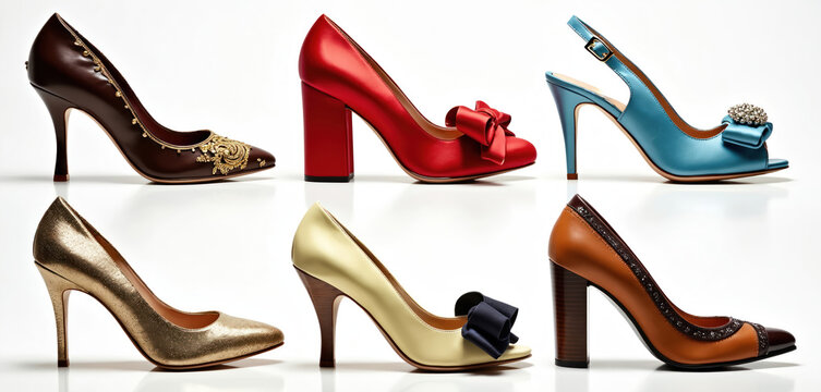 Six elegant women high heel shoes in varied colors, styles. Features pumps, peep-toes, slingbacks with decorative bows, embellishments. Luxurious footwear for special occasion. Fashion collection.