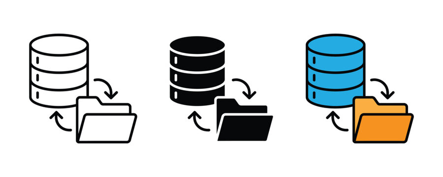 Database and folder synchronization icon set. Data backup, cloud storage exchange, and server file management symbol for technology design. Vector Illustration.