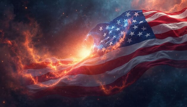 American flag ripples with cosmic energy and fire in starry sky. Symbol of freedom, patriotism, and resilience. Explores space, history, and national pride.