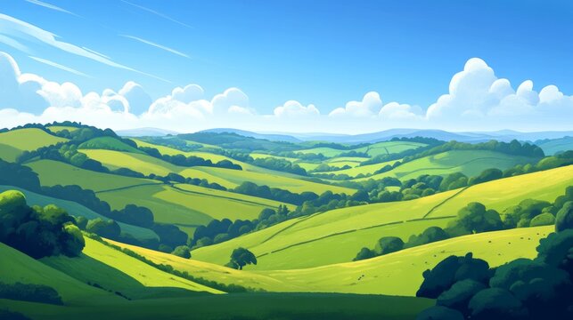 Scenic rolling green hills under blue sky with fluffy clouds