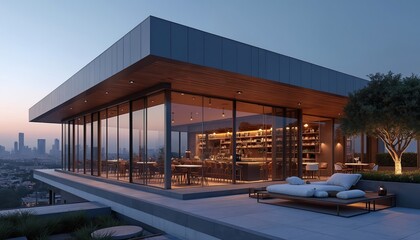 Obraz premium Modern rooftop bar and restaurant overlooks city skyline at dusk. Glass walls offer panoramic views. Outdoor lounge seating invites relaxation. Upscale dining and drinking ambiance.