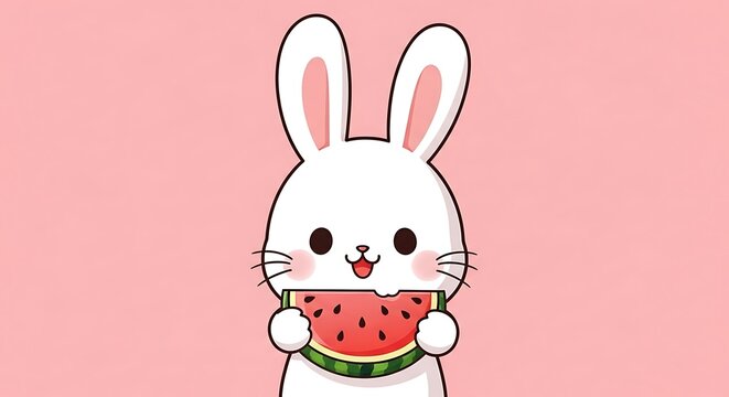 Cute cartoon rabbit eating watermelon slice.