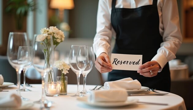 Waitress places reserved sign on table in fine dining restaurant. Elegant place setting with wine glasses, flowers, candle creates upscale atmosphere for special event.