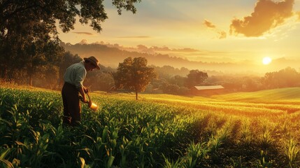 Fototapeta premium Male farmer watering crops in scenic sunrise landscape with rolling hills and barn