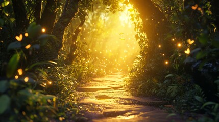 Naklejka premium Enchanting forest pathway illuminated by magical golden light and floating fireflies