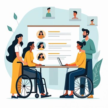 Diverse group collaborates on digital learning platform interface. People in wheelchairs, standing work together on laptop near presentation board showing user profiles. Teamwork fosters inclusion,