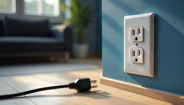 Unplugged black electrical power cord lies on wooden floor near wall socket. Modern interior room with sofa in background. Save energy at home.