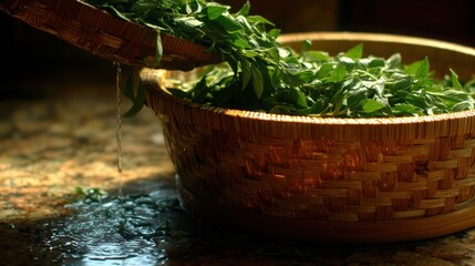 Close-up of Fresh Green Leaves Being Poured Into a Woven Wicker Basket for Culinary Use