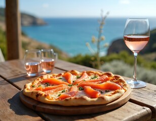 Fototapeta premium Smoked salmon pizza and rose wine on wooden table. Enjoy delicious seafood meal with ocean view. Perfect for casual dining or special occasion with beautiful scenery.