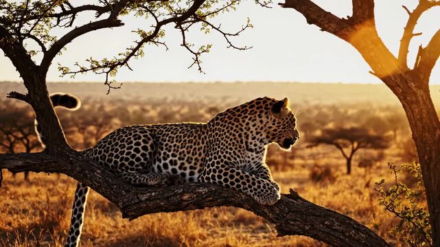 A spotted leopard lies calmly on a thick wooden branch against a blurred savannah background at sunset. The footage showcases detailed fur textures and soft golden hour lighting.