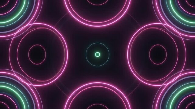 Futuristic looping multiple layered energy rings rotating varying speeds neon lighting transitions cinematic seamless surreal ambience cascading softly abstract cinematic loop