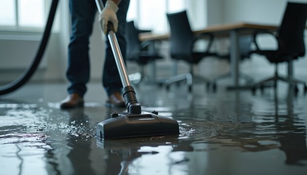 Person uses vacuum cleaner to remove water from flooded office floor. Wet carpet cleanup after flood damage in modern workplace. Emergency restoration service dries building interior.