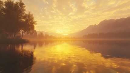 Obraz premium Golden sunset over serene lake with reflective waters and scenic mountains