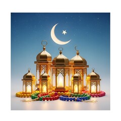 Obraz premium Ramadan lanterns and prayer beads with crescent moon in serene blue night sky