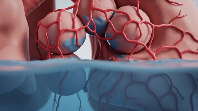 Detailed 3D Animation of Pulmonary Alveoli with Fluid Accumulation and Pathological Growth Over a Light Background