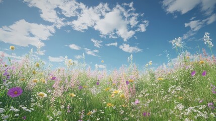 Fototapeta premium Vibrant wildflower meadow under a bright blue sky with fluffy clouds
