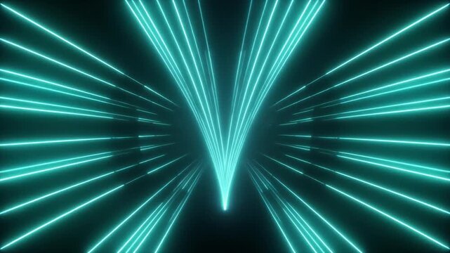 Futuristic looping multiple cyan beams fanning outward V shape intense glowing core futuristic light projection seamless surreal ambience cascading softly cinematic loop