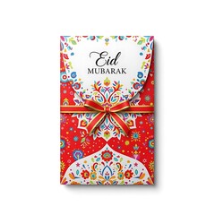 Illustration of colorful eid mubarak gift envelope with ribbon and floral patterns isolated on white background