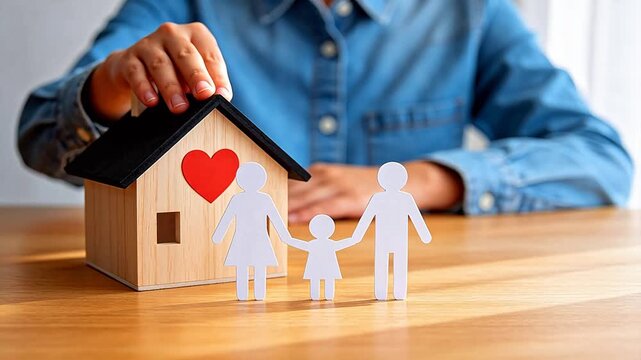 Wooden house model with heart and paper family cutout symbolizing home ownership real estate investment mortgage housing market family security and property insurance concepts
