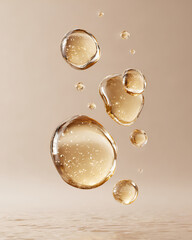 Fototapeta premium Floating Botanical Extract Drops on Minimal Beige Background Translucent Golden Skincare Concept