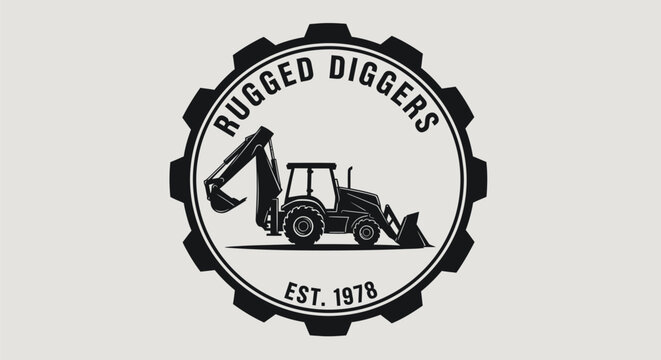 Rugged Diggers Est 1978 Logo with Backhoe Loader in Gear Shape.