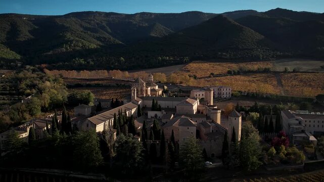 Royal Cistercian Monastery of Santa Maria de Poblet. High quality 4k drone footage
