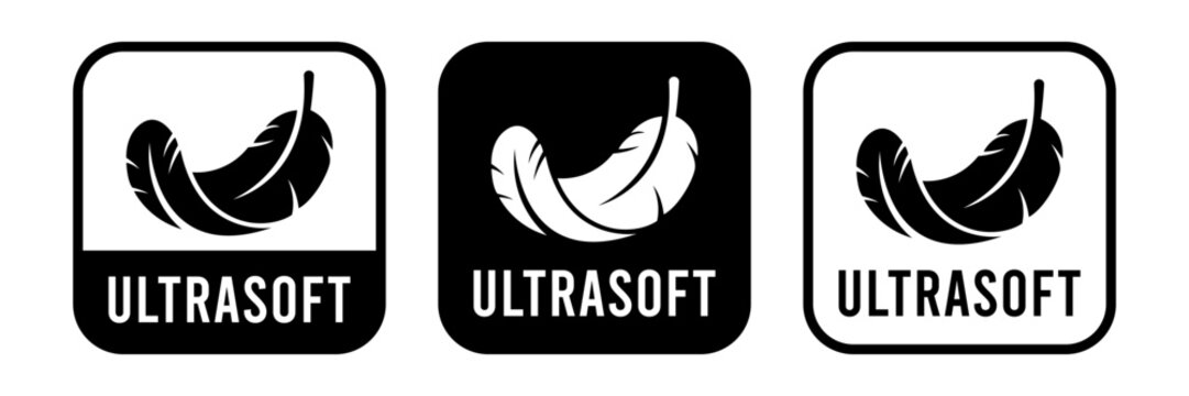 Ultra soft with feather icon set. High comfort structure, ultrasoft, ultra, thin, slim, softness, lightweight, sensitive skin, comfort fabric softener icons, label, logo, line, vector, illustration.