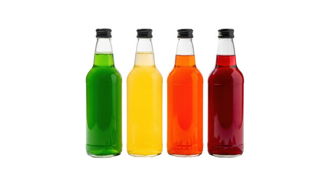 Four sleek glass kombucha bottles (green, yellow, orange, red) with matte black caps, precisely lined up on a bright white studio backdrop. Concept for natural detox packaging