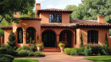 Fototapeta premium Stunning terracotta Spanish-style house with lush landscaping