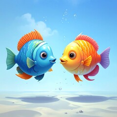 Colorful cartoon fish swim in ocean sand under blue sky