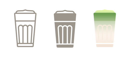 Matcha latte drink icon. Line, glyph and filled outline colorful version with matcha whisk, milk foam and straw in glass. Creamy green tea beverage symbol, logo illustration. Modern healthy drink.