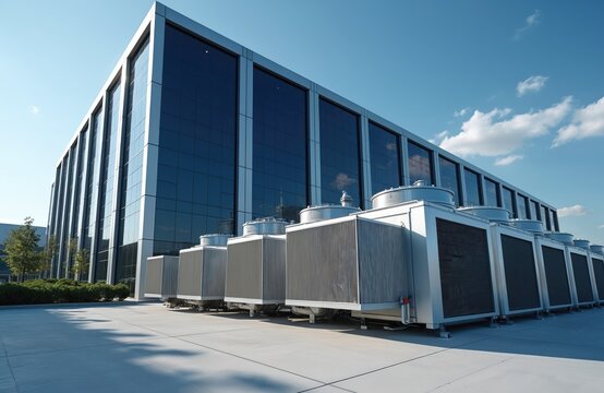 Large modern building with glass facade industrial climate control units. Air cooling towers, chillers support building operations. Infrastructure ensures efficient climate management, tech