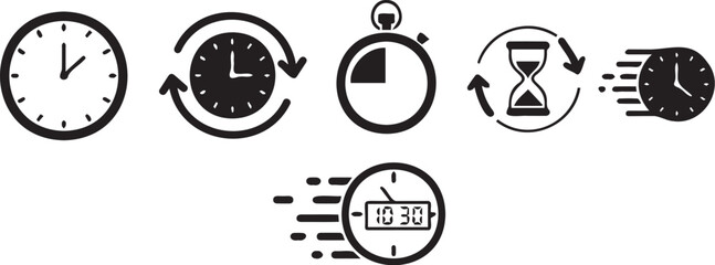 Collection of timekeeping icons representing different aspects of time and scheduling in simple black and white design suitable for various applications.