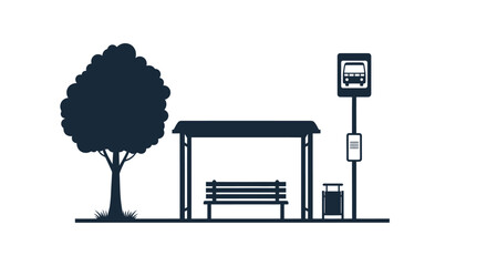 Simple illustration of a bus stop with a tree and bench © Siam Studio