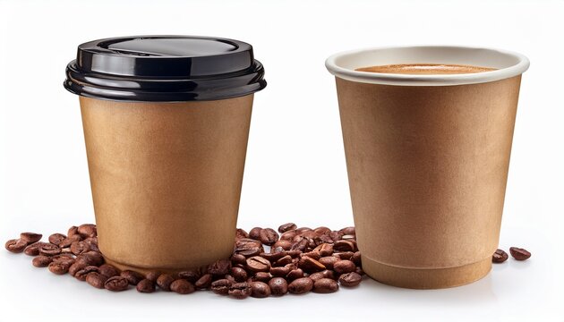 Coffee In Blank Craft Or Kraft Take Away Cup With Beans Mockup Or Mock Up Template Isolated On White Background